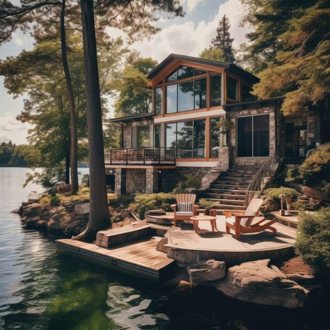 Lakefront Homes Exterior, Forest Lake House, Outside Of House Ideas, Modern Lake House Exterior, The House Across The Lake, House On River, Redwood House, Colorado Houses, Cottage By The Lake