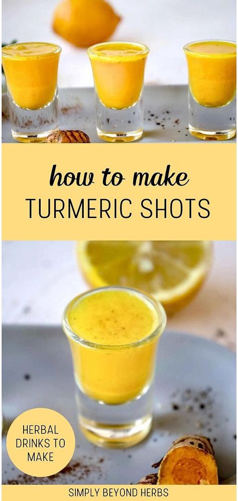 Learn how to make turmeric shots with our guide in herbal drinks. This simple recipe combines the powerful benefits of turmeric with black pepper to maximize absorption and effectiveness. A quick and easy way to boost your overall health. Find more turmeric recipes & turmeric benefits, immunity drink recipes, and immune boosters at simplybeyondherbs.com. Tumeric Medicinal Uses, Tumeric Cleanse Drink, Using Tumeric For Inflammation, Turmeric And Ginger Drink, Anti Inflammation Turmeric Drink, Recipe With Turmeric, Natural Antibiotic Honey Tumeric, Turmeric And Ginger Shots Recipe, Tumeric Food Recipes