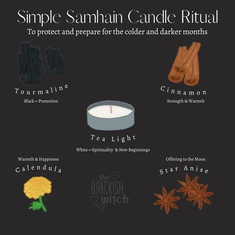 To honor Samhain you can take a tea light and put in cinnamon, black tourmaline, anise seed, and calendula for a simple candle ritual. Samhain Ritual Witchcraft, Pagan Autumn, Samhain Altar, Candle Ritual, Samhain Ritual, Fall Into Winter, Wiccan Sabbats, Witchcraft Candles, Witch Rituals