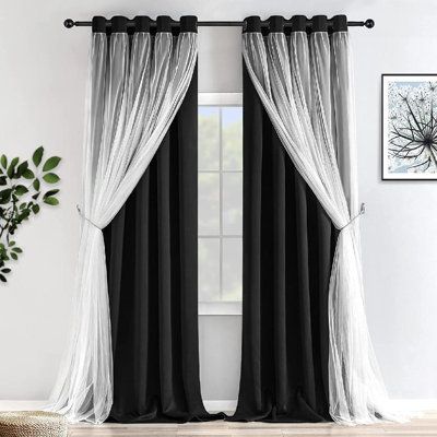 Satin Curtains Bedroom, Black Curtains With White Sheers, Black And White Curtain Ideas, Black And White Curtains Bedroom, Curtain Combination Ideas, Black Bedroom Curtains, Black Out Curtains Bedroom Ideas, Black Curtains Bedroom, Weirdcore Room