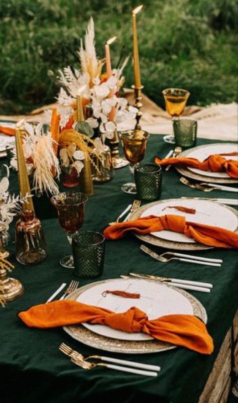 Burnt Orange And Green Table Decor, Dark Green And Rust Orange Wedding, Orange And Green Event Decor, Olive Green And Orange Wedding Theme, Fall Color Table Setting, Terracotta And Pine Green Wedding, Green And Orange Wedding Table Decor, Rustic Orange And Forest Green Wedding, Emerald Green Fall Decor