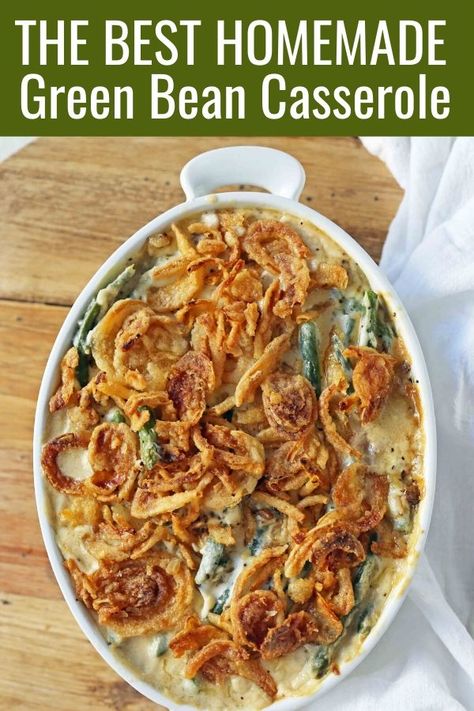 How to make the BEST Green Bean Casserole made from scratch. Fresh green beans, caramelized onions, in a rich creamy sauce. The star of Thanksgiving! #thanksgiving #sidedish #greenbeancasserole #greenbeans #thanksgivingrecipes Gourmet Thanksgiving, Thanksgiving Sidedish, Ultimate Green Bean Casserole, Fresh Green Bean Casserole, Best Green Bean Casserole, Homemade Green Bean Casserole, Classic Green Bean Casserole, Green Bean Casserole Easy, Modern Honey