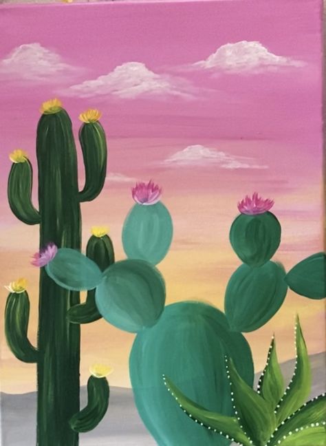 Easy Cactus Painting “Desert Golden Hour” Easy Cactus Painting, Simple Sunset, Easy Desert, Cactus Paintings, Mexican Paintings, Canvas Aesthetic, Trippy Painting, Cactus Painting, Simple Canvas Paintings