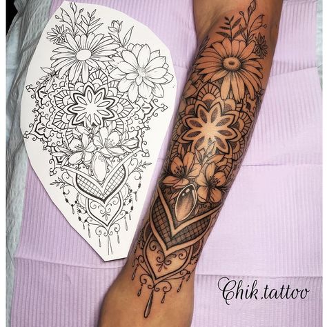 Trendy Arm Tattoo Ideas for Women Forearm Mandala Tattoo, Mandala Arm Tattoos, Mandela Tattoo, Floral Mandala Tattoo, Half Sleeve Tattoos Forearm, Mandala Tattoo Sleeve, Mandala Flower Tattoos, Cuff Tattoo, Feminine Tattoo Sleeves