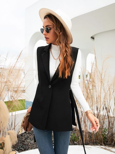 Black Sleeveless Blazer Outfit, Blazer Vest Outfit, Sleeveless Blazer Outfit, Vest Outfit Women, Dressy Vest, Outfit Mit Blazer, Vest Outfits For Women, Plain Vest, Blazer Outfits For Women