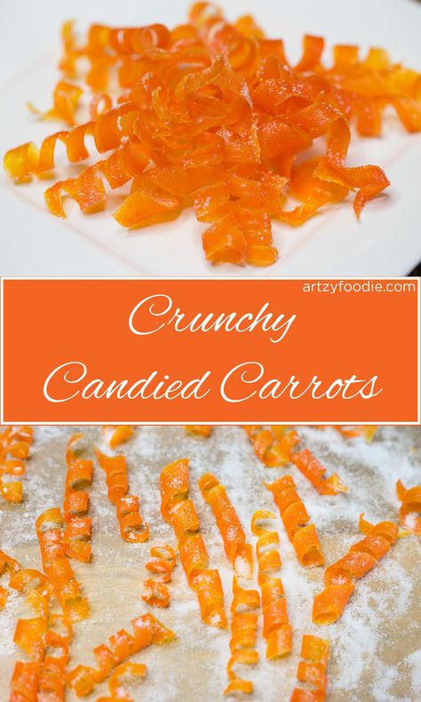 Candied carrots are as much fun to make as they are to eat! These super cute candied carrot curls have been boiled in sugar water, baked, and dusted with even more sugar! |artzyfoodie.com| Carrot Cake Garnish Ideas, Carrot Cake Cupcakes Decoration, Carrot Cakes Decoration, Carrot Garnish Ideas, Nature Themed Desserts, Decorating Carrot Cake Ideas, Birthday Carrot Cake Decoration, Carrot Cake Decoration Birthday, Carrot Cake Birthday Cake Decorations