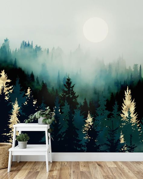 Simple Bed Designs, Dark Green Wallpaper, Forest Mural, Minimalist Bed, Green Blanket, Bed Design Modern, Chinoiserie Wallpaper, Simple Bed, Wall Designs