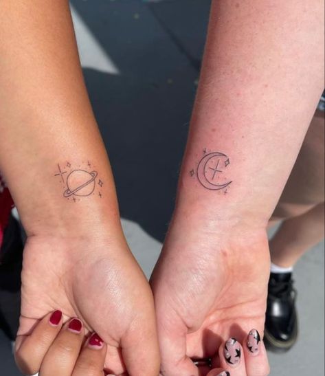 Moon And Saturn Matching Tattoo, Moon And Saturn Tattoo Taylor Swift Matching, Matching Planet Tattoos, Matching Tattoo Quotes, To The Moon And To Saturn Tattoo, Love You To The Moon And To Saturn Tattoo, Moon And Saturn Tattoo Taylor Swift, Saturn And Moon Tattoo, Moon Saturn Tattoo