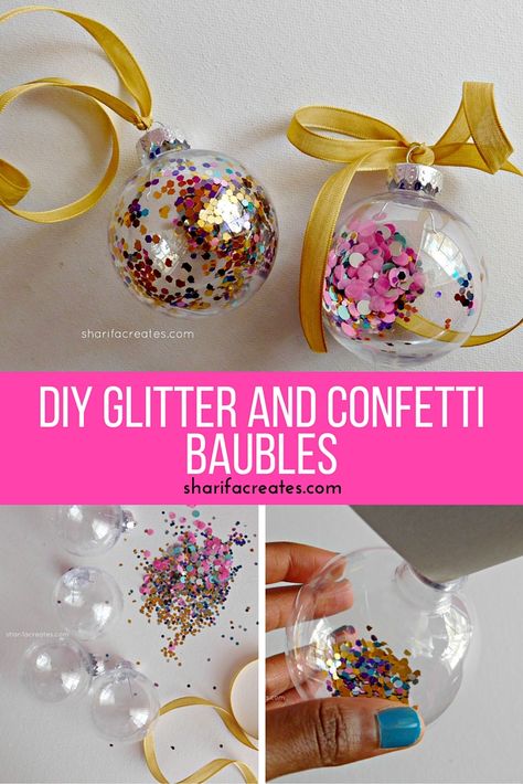 DIY Glitter and Confetti Baubles on sharifacreates.com! Diy Glitter Baubles, Fill Your Own Christmas Baubles, Confetti Ornaments Diy, Fillable Baubles Ideas, Homemade Baubles, Filled Baubles, Diy Glitter Ornaments, Diy Baubles, Brownies Ideas