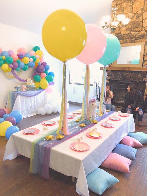 Pastel Party Table Decor, Unicorn Party Table Set Up, Pastel Rainbow Table Centerpiece, Pastel Tablescape Birthday, Diy Pastel Birthday Decor, Pastel Rainbow Bday Party, Kids Birthday Activity Table, Pastel Birthday Table Setting, Pastel Table Setting Birthday Parties