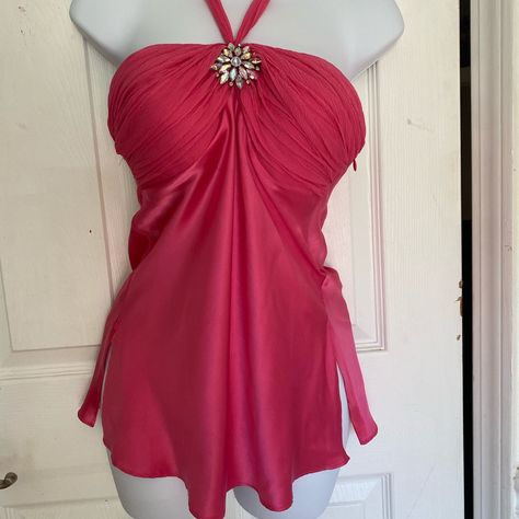 Sexy Elegant Silk Hot Pink Top W Straps To Neck New Never Worn W Tags Didn’t Fit Me Zipper And Split On The Side U Can Wear To Wedding Or Wear Down W Jeans Y2k Outfits Tops, 2000s Fashion Colorful, 2000s Pink Outfits, Early 2000s Fashion Pink, Pink 2000s Outfit, Pink Shirt Outfits, Hot Pink Clothes, Hot Pink Outfit Ideas, Pink Y2k Top