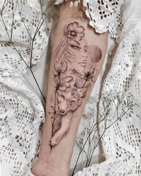 Alfa Female Tattoo, Wolf Tattoo Arm For Women, Wolf Sleeve Tattoos For Women, Women Animal Tattoo, Dog And Woman Tattoo, Wolf Tattoo For Women Leg, She Wolf Tattoos For Women, Animal Lover Tattoos For Women, Wolf Arm Tattoo Woman