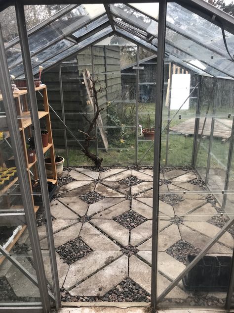 Green House Floor Ideas, Green House Floor, Greenhouse Floor Ideas, Fairy Cabin, Greenhouse Floor, Outdoor Greenhouse, Cottage Witch, Garden Tiles, Cabin Cottage