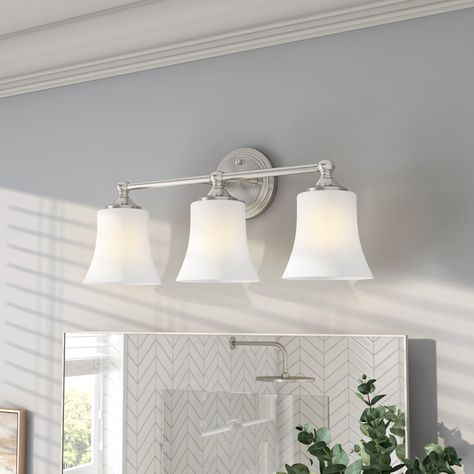 Lark Manor Alies 3-Light Dimmable Vanity Light & Reviews | Wayfair Bathroom Fixtures Brushed Nickel, Vanity Lighting Over Mirror, Brushed Nickel Bathroom Lighting, Bronze Vanity Lighting, Nickel Bathroom, Vanity Light Bar, Brushed Nickel Bathroom, Traditional Vanity, Light Fixtures Bathroom Vanity