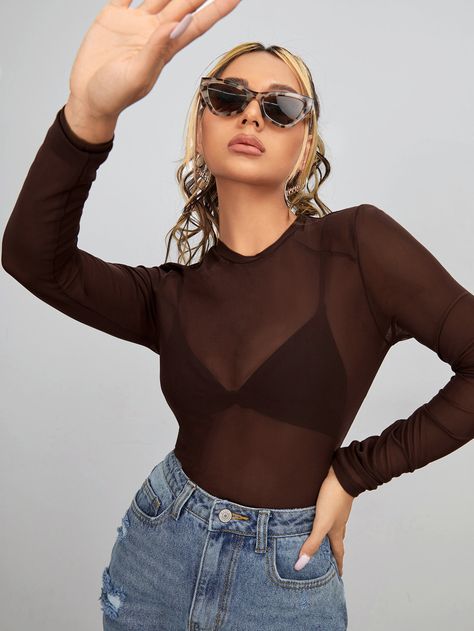 Chocolate Brown Sexy  Long Sleeve Mesh Plain   Slight Stretch Spring/Summer Women Tops, Blouses & Tee Brown Sheer Top, Brown Mesh Top Outfit, Transparent Top Outfit, Brown Mesh Top, Sheer Top Outfit, Mesh Top Outfit, Outfit Printemps, Long Sleeve Top Outfit, Sheer Mesh Top