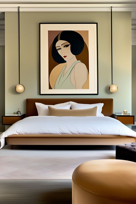 Art Deco Primary Bedroom, Art For Interiors, Geometric Bedroom Ideas, Bedroom Ideas Art Deco, Bedroom With Vanity, Bed Art Deco, Bedroom Back Wall, Art Deco Interior Bedroom, Modern Art Deco Bedroom