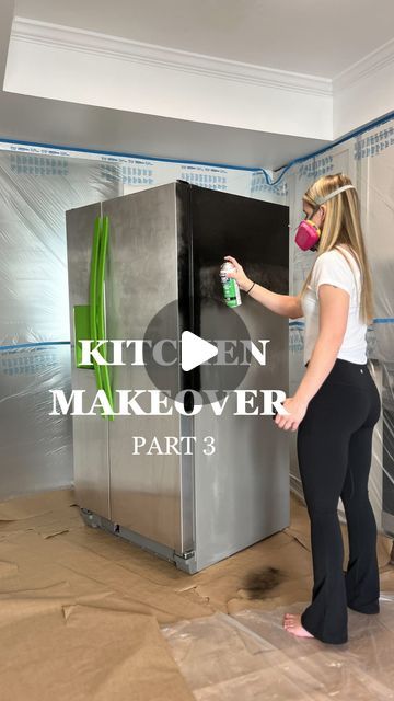 Sammie | diy & furniture flips on Instagram: "Painting my FRIDGE?! 🤯 7-Day Kitchen Makeover FINAL PART 🙌🏻 #ad   This refrigerator came with our house when we bought it, but had lots of little rust spots and scratches. New appliances are expensive, so I opted for the @rustoleum appliance paint to give it a refresh until we save up for a new one.    It turned out WAY better than I expected, and would be the perfect way to refresh even a thrifted fridge 🙌🏻 Would you ever try this?!   Comment “KITCHEN” for a full product list, or head to the link in my bio!   #diy #RustoleumPartner #upcycle #diyhack #homehack #kitchenmakeover" Can You Paint A Refrigerator, Spray Paint Refrigerator, Painting A Fridge Diy, Refrigerator Painting Ideas, Painting Kitchen Appliances, Painting Refrigerator Diy, Fridge Diy Makeover, Painted Refrigerator Diy, Paint Refrigerator Diy