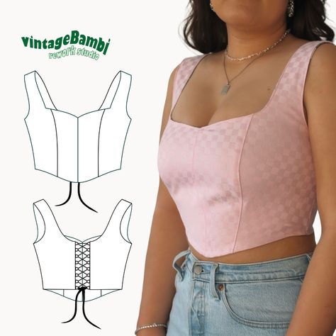 Free Beginner Sewing Patterns For Women, Party Top Sewing Pattern, Sowing Designs Top, Easy Corset Pattern Free, Corset Top Pattern Free Pdf, Corset Top Sewing Pattern Free, Bustier Top Pattern Free, Easy Corset Diy, Easy Tank Top Sewing Pattern