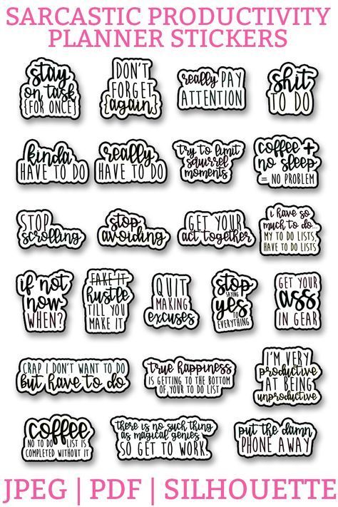 Free Sarcastic productivity planner stickers. Download this set of funny, sarcastic stickers, to help you complete your to do list. Perfect for the Happy Planner, Erin Condren, Reflections, etc. #planneraddict #plannerlover #plannerprintables Motivational Quotes Stickers Printable, Fun Stickers Printable, Work Stickers For Planner, Quotes For Stickers, Planner Quotes Funny, Productivity Stickers, To Do List Funny, Sticker Challenge, Funny To Do List