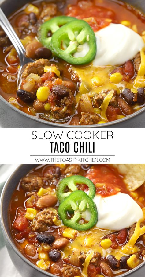 Slow cooker taco chili recipe - by The Toasty Kitchen #slowcooker #crockpot #tacochili #chilirecipe #wintermeals #coldweathermeals #easymealideas #dinnerideas #dinner #groundbeef #homemade #recipe Must Try Crockpot Recipes, Sausage Chili Recipe Crock Pot, Mexican Crockpot Chili, Easy Dump Chili Recipe, Chili With Taco Seasoning, Fall Crockpot Chili Recipes, Spicy Chilli Recipe Slow Cooker, Crockpot Chili With Corn, Tortellini Chili Recipe