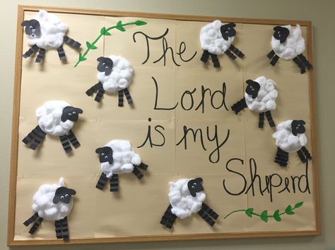 The Lord Is My Shepherd Bulletin Board, Sheep Bulletin Board, Biblical Bulletin Board Ideas, Sheep Bulletin Board Ideas, Christian Preschool Bulletin Boards, Lds Nursery Bulletin Board Ideas, Bible School Bulletin Board Ideas, Sunday School Board Ideas, Sunday School Bulletin Boards For Kids