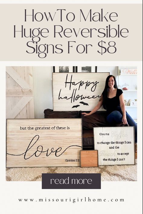 Homemade huge DIY wood signs with the creator in the picture. Diy Wood Signs Cricut, Diy Vinyl Wood Signs, How To Make Large Wood Signs, Trending Wood Signs 2023, Making Wooden Signs, Reversible Signs Diy, How To Make Signs On Wood, Diy House Signs Indoor, How To Make Wood Signs With Cricut