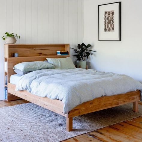 Bed With Bookshelf, Timber Bed Frames, Square Bed, Timber Bed, Drawer Bed, Bookshelf Headboard, Bookshelf Bed, Simple Bed Designs, Handcrafted Bed