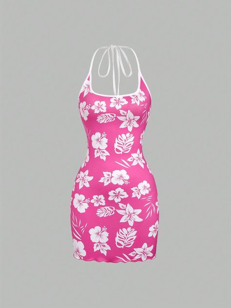 Women's Sexy Holiday Casual Bodycon Printed Strap Dress With Tie, Perfect For Clubbing Pink Boho  Sleeveless Knitted Fabric Floral,Plants,All Over Print Cami Medium Stretch  Women Clothing, size features are:Bust: ,Length: ,Sleeve Length: Pink Sun Dress, Pink Sundress, Fest Outfits, Best Friend Outfits, Red Dress Outfit, Shein Outfits, Pink Boho, Friend Outfits, Fashion Design Sketches