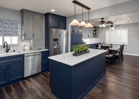 Kitchen Flooring Ideas With Navy Cabinets, Navy Blue Kitchen Cabinets Grey Walls, Blue Color Kitchen Cabinets, Navy Gray Kitchen, Navy White And Grey Kitchen, Kitchen Remodel Navy Cabinets, Blue And Silver Kitchen Ideas, Grey And Blue Cabinets Kitchen, Dark Blue And White Kitchen Cabinets