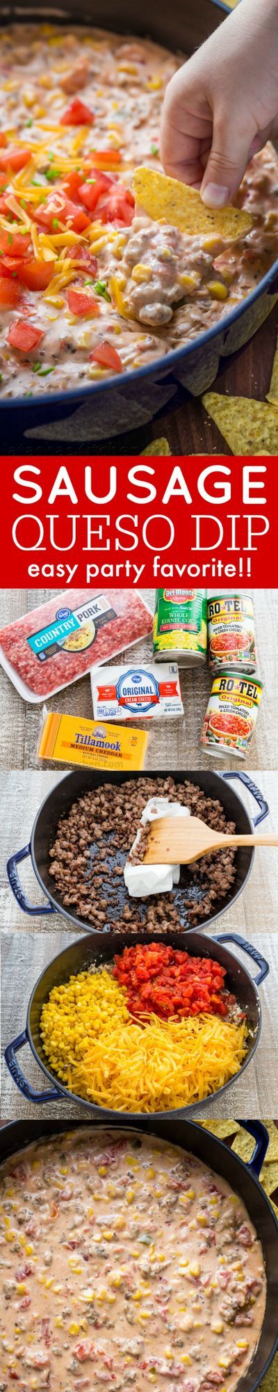 Sausage Queso Dip is creamy, cheesy and irresistibly good! A queso dip recipe with real cheddar cheese, loaded with sweet corn and tomato. A party favorite! | natashaskitchen.com #sausagequesodip #quesodip #partydip #easydip #dip Sausage Queso Dip, Cheesy Mexican Rice, Sausage Queso, Queso Dip Recipe, Corn And Tomato, Queso Dip Recipes, Mexican Rice Recipes, Queso Dip, Buffalo Chicken Dip