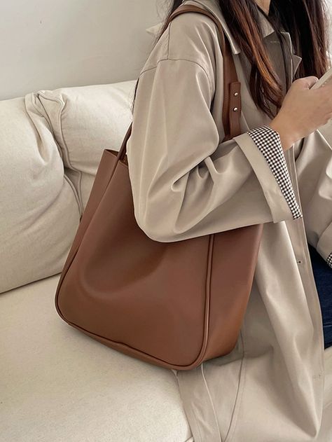 Brown Elegant Collar  PU Leather Plain Square Bag Embellished   Women Bags Bags For Women Fashion, Retro Purse, Shoulder Bags For Women, Leather Handbags Tote, Casual Tote, Canvas Shoulder Bag, Square Bag, Womens Tote, Leather Handbag