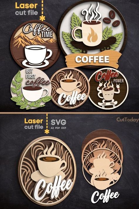 Laser cut files templates Coffee Ornaments, Diy Laser Engraver, Laser Cut Decor, Laser Cut Wood Crafts, Coffee Wall Decor, Laser Engraved Ideas, Laser Art, Coffee Svg, Coffee Culture