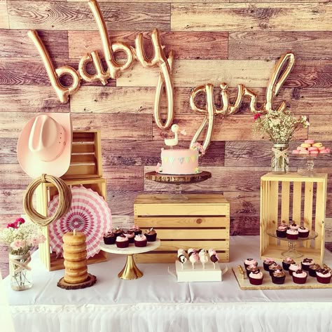 Cow girl theme baby shower ideas Pony Baby Shower Theme, A Little Cowgirl Is On Her Way Baby Shower Ideas, Rustic Baby Girl Shower Ideas, Country Baby Shower Ideas Girl, Rodeo Baby Shower Ideas Girl, Holy Cow Baby Shower Theme Girl, Horse Theme Baby Shower Ideas, Cowgirl Baby Shower Decorations, Country Girl Baby Shower Ideas