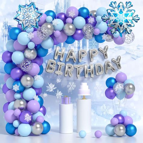 PRICES MAY VARY. 【Frozen Birthday Set】The ice snow balloons decorations includes 20pcs 5inch macaron blue/purple balloons, 70pcs 12inch balloons(macaron blue/purple/metal blue/metal purple/metal silver), 5pcs 12inch snowflake confetti balloons, 2pcs 18inch snowflake foil, 1pc 18inch HAPPY BIRTHDAY foil, 10pcs 4inch snowflake, 1pc strip, 5pcs balloons glues. 【Premium Latex Balloons】Frozen theme garland arch kit are made of natural thicken latex and foil material, safe and non-toxic, more durable Frozen Background Birthday, Snow Theme Birthday Party, Frozen Theme Party Decorations, Snow Birthday Party, Christening Party Decorations, Snowflake Confetti, Frozen Balloons, Wonderland Party Decorations, Winter Party Decorations