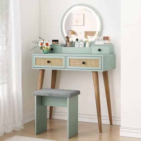 PRICES MAY VARY. This vintage rattan vanity desk features a retro exterior design, paired with environmentally friendly MDF wooden boards and sturdy steel legs, also with a cushioned stool making it suitable for long-term use. The mint green retro texture finish on the surface makes the overall makeup table eye-catching and stylish. The 2 boho drawer surface is handcrafted with natural rattan from Indonesia. The natural rattan is dry and odorless, making it perfect for embellishing your furnitur Teen Vanity Desk, Vanity Ideas Bedroom Boho, Beachy Vanity, Vanity Ideas Bedroom Small, Cute Dressing Table, Small Vanity Ideas Bedroom, Dressing Table For Small Space, Retro Exterior, Rattan Vanity