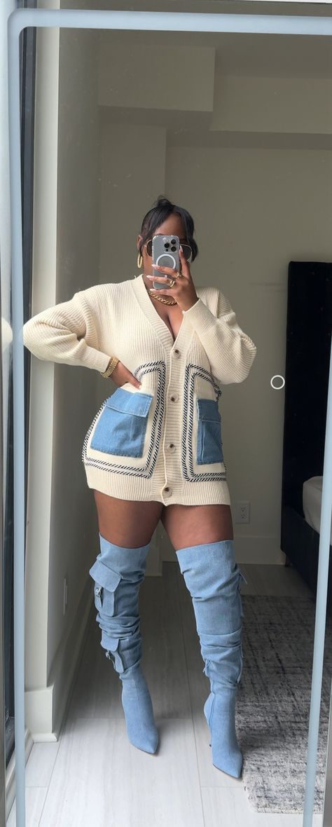 Check out this photo from jackytsh__ Blue Jean Thigh High Boots Outfit, Jean Thigh High Boots Outfit, Denim Boots Outfit Knee Highs, Baddie Denim Outfits, Blue Jean Boots Outfit, Denim Shoes Outfit Fashion Ideas, Miami In October Outfits, Outfits With Denim Boots, Denim Cowboy Boots Outfit