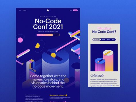 No-Code Conf 2021 - Website by Corey Moen for Webflow on Dribbble Conference Landing Page, Coding Graphic Design, Code Graphic Design, Coding Poster, Conference Poster Design, Event Design Branding, Conference Banner, Best Landing Page Design, Landing Page Examples