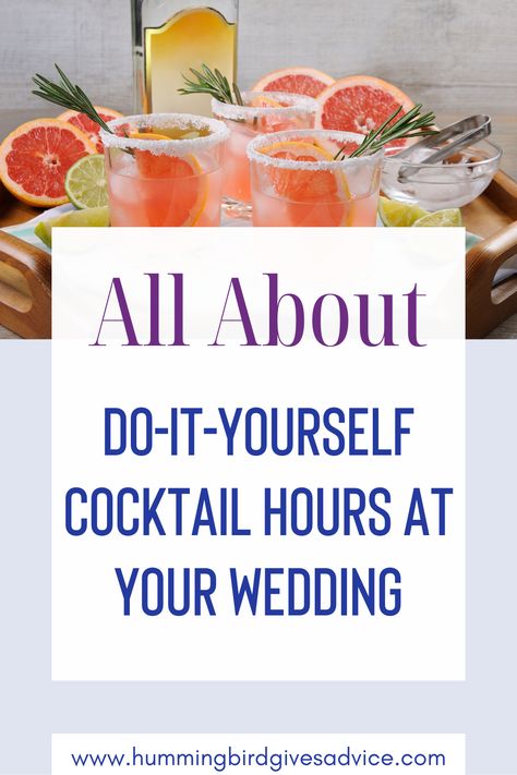 If you plan it out properly, you can totally save money on your wedding with a DIY cocktail hour. As long as your venue allows it, planning out a simple cocktail hour menu, easy drinks, and ways to put it all together can add more into your wedding budget. With a little help from others, a DIY cocktail hour is absolutely doable and this guide will help show you how. // cocktail hour // wedding cocktails // easy wedding appetizers // diy wedding cocktail hour // do it yourself wedding // save Big Batch Cocktails For Wedding, Cocktails At Wedding, Wedding Cocktail Hour Food Budget, Cocktail Hour Style Wedding, Easy Cocktails For Wedding, Easy Cocktail Hour Food, Cocktail Hour Menu Ideas, Premixed Cocktails Wedding, Inexpensive Cocktail Hour Food