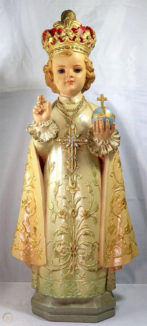 1938 Antique Daprato Chalkware Statue "The Infant of Prague" 23 1/2" tall | #1899348303 Infant Of Prague, The Necklace, Jesus Pictures, Glass Eyes, Prague, Victorian Dress, Jesus, Statue, Glass