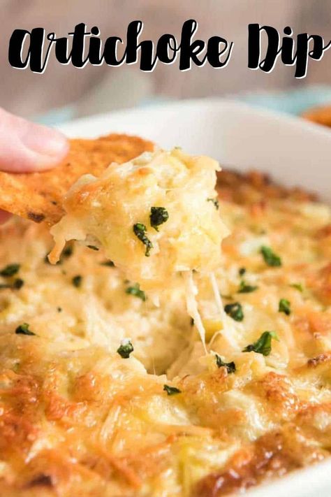 With only 4 ingredients, this simple Baked Artichoke Dip is a fast, easy party appetizer recipe. The dip is loaded with artichokes and parmesan cheese and baked until golden and bubbly for a dip that is always the hit of the party! Parmesan Artichoke Dip, Parmesan Artichoke, Baked Artichoke Dip, Party Food Easy Appetizers, Baked Artichoke, Spinach Artichoke Dip Recipe, Artichoke Dip Recipe, Artichoke Recipes, Party Appetizers Easy