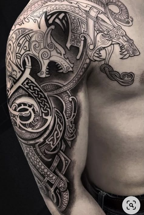 Pagan Tattoos, Chris Tattoo, Celtic Sleeve Tattoos, Viking Tattoos For Men, Traditional Viking Tattoos, Celtic Tattoos For Men, Stammestattoo Designs, Fenrir Tattoo, Shoulder Armor Tattoo