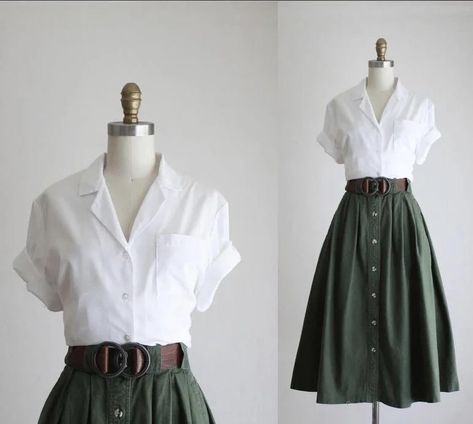 Wide Belt Outfit, Hozier Outfit, Vintage Reseller, Gaun Abad Pertengahan, Polished Casual, White Cotton Blouse, Siluete Umane, Button Front Skirt, Final Destination