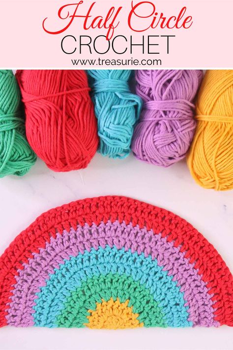 How to Crochet a Half Circle, Free Half Circle Pattern Circle Crochet Pattern, Crochet Half Circle, Crochet Rug Patterns Free, Crochet Circle Pattern, Circle Crochet, Crochet Rug Patterns, Scrap Yarn, Crochet Circles, Rainbow Crochet