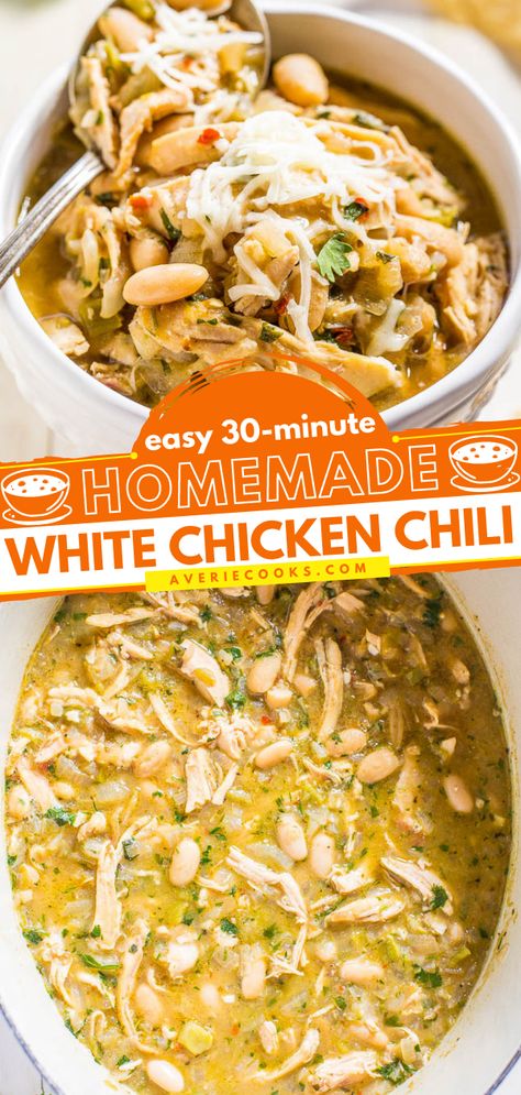 Easy 30-Minute Homemade White Chicken Chili - Averie Cooks Healthy White Chicken Chili Stove Top, Crock Pot Chicken Chili Recipes, White Chicken Chili Stove Top Easy, Stove Top White Chicken Chili, Homemade White Chicken Chili, Best White Chicken Chili Recipe, White Bean Chicken Chili, Main Entrees, Averie Cooks