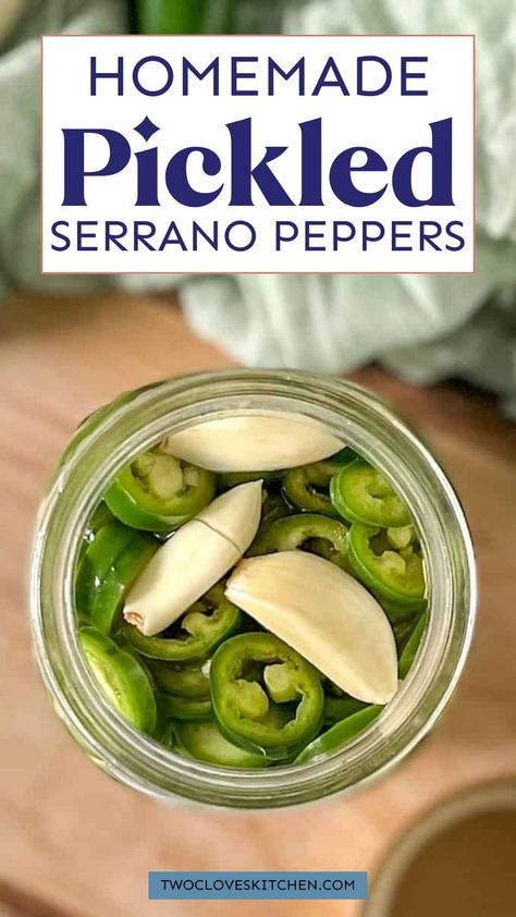 Simple and easy pickled serrano peppers! These quick and easy Pickled Serrano Peppers are a bright, fresh, spicy way to add flavor to everything from sandwiches to salads to breakfast! Make these homemade pickled serrano peppers in just 40 minutes! With just 5 simple and easy ingredients, pickling serrano peppers takes no time at all and are so easy to make! Serrano Pepper Recipes, Pickled Pepper Recipe, Serrano Pepper, Couple Cooking, Pickling Jalapenos, Clean Food Crush, Stuffed Banana Peppers, Pickled Onions, Food Tasting