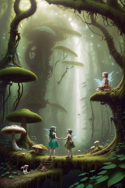 Elf World Fantasy Art, Fairy Tale Art Illustration, Mystical Fairy Forest, Fairy Tale Landscape Art, Fairy Scene Tattoo, Fairy World Painting, Fairy Forest Ideas, Mushroom Fantasy Forest, Enchanted Forest Mushrooms