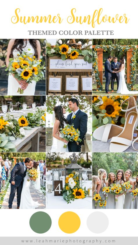 Yellow, sage, and gray rustic summery sunflower themed wedding color palette. Lake Oak Meadows in Temecula, CA | Leah Marie Photography Sunflower Wedding Decorations, Yellow Wedding Theme, Rustic Sunflower Wedding, Wedding Color Palettes, Sunflower Themed Wedding, Sage Wedding, Wedding Palette, Wedding Theme Colors, Future Wedding Plans