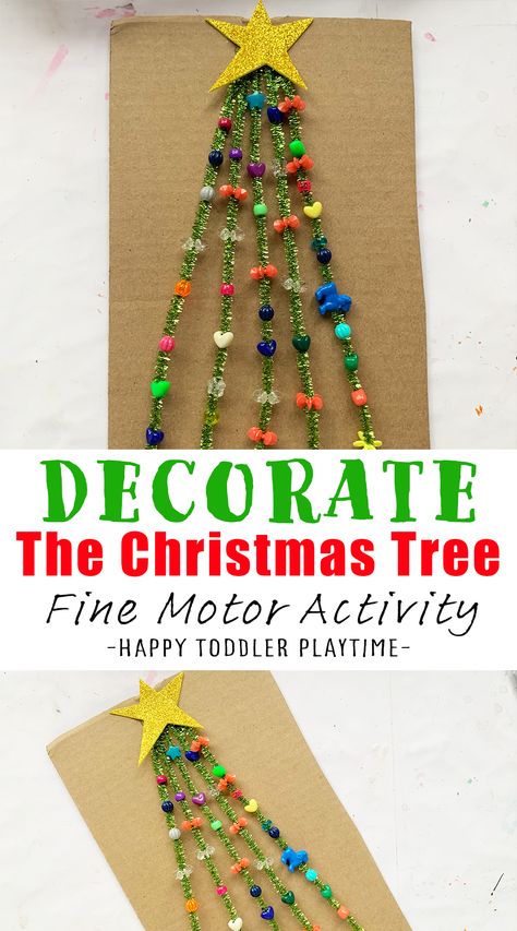 Decorate the Christmas Tree: Easy Fine Motor Activity for Kids - Happy Toddler Playtime Tot School Christmas, December Holiday Crafts For Kids, Kids Christmas Crafts Preschool, Early Childhood Christmas Crafts, Christmas Themed Fine Motor Activities, Aba Christmas Activities, Toddler Christmas Arts And Crafts, Christmas Trees Preschool, Prek Christmas Crafts For Kids