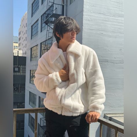 Shell: 100% Polyester White Leather Jacket Outfit Men, Fur Outfit Men, White Leather Jacket Outfit, Men Fur Coat, Black Fluffy Jacket, White Jacket Outfit, Fur Jacket Outfit, White Fur Jacket, Fur Outfit