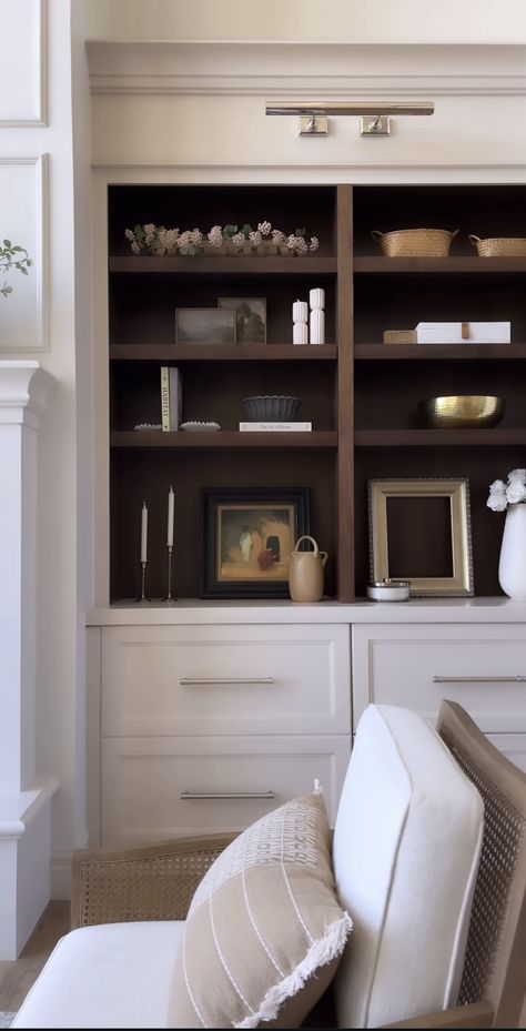 Living Room Storage Cabinet Built Ins, Light Oak Built Ins, Living Room Built In Cabinets With Doors, Built In Bookshelves Sitting Room, Mushroom Color Built Ins, Whole Wall Built Ins, Built Ins For Living Room, White And Wood Built Ins, Sideboard In Alcove